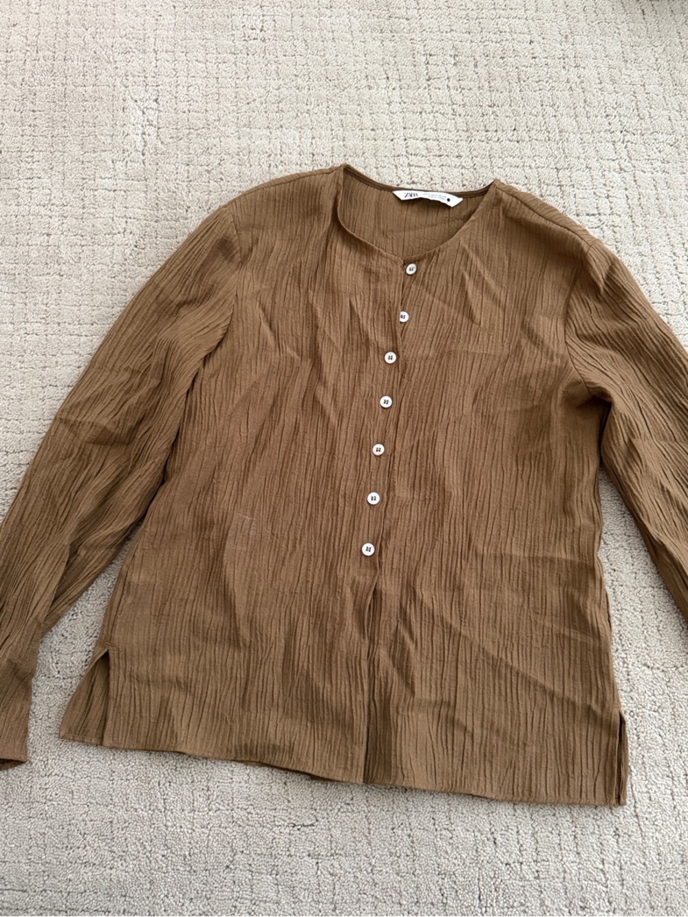 Zara Caramel Brown Crinkled Button-Up Blouse